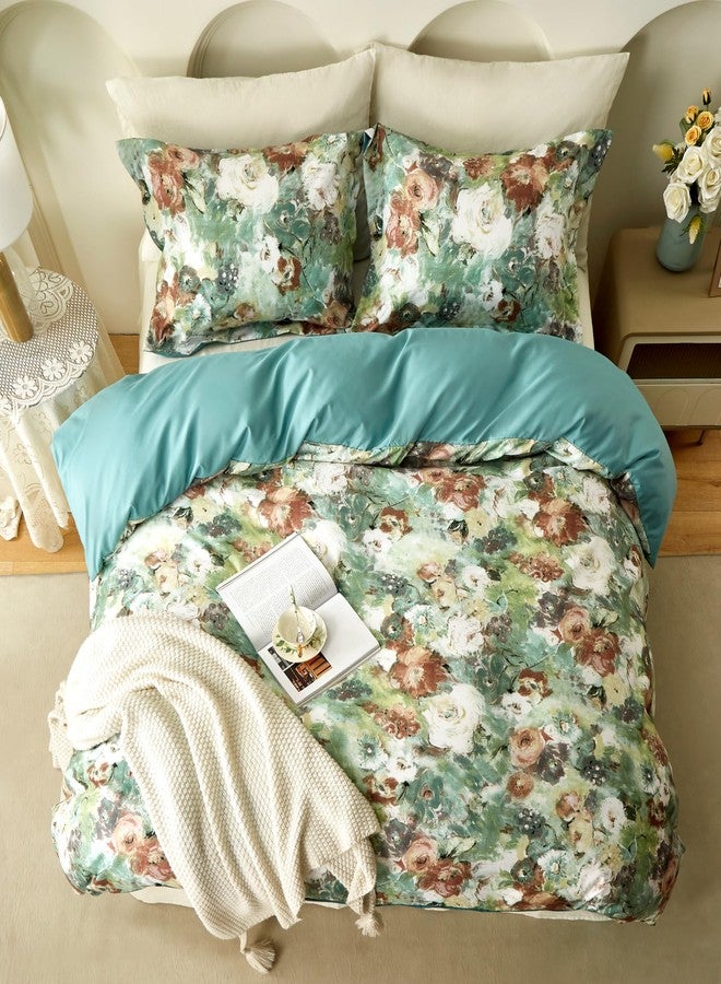 Cupocupa Vintage Bohemian Twin Duvet Cover Set, Watercolor Floral Bedding Set with Zipper Closure & Corner Ties, Luxury Soft Microfiber Teal Brown Floral Duvet Cover for Bedroom Decor - Image 5